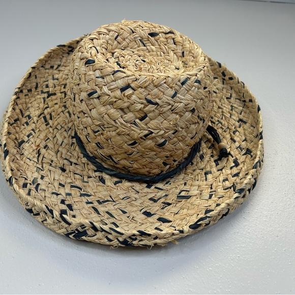 Handmade Womens M/L Woven Straw Hat with Navy Accents Beach Travel Vacation - Picture 3 of 8